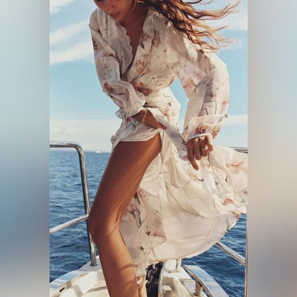 NWT Zara Ruffled Floral Cut Out Dress Size L - Picture 2 of 11